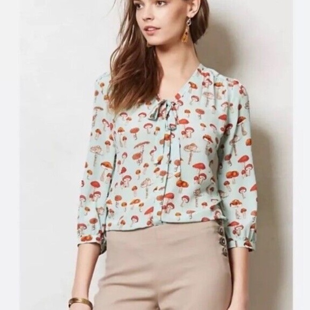 Anthropologie Moulinette Soeurs Silk Front Tie Toadstool Blouse